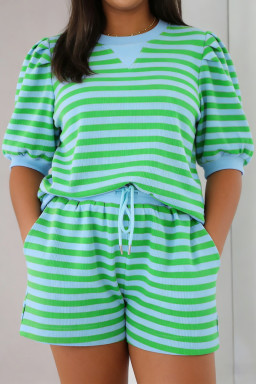Plus Size Green Stripe  Colorblock Detail Puff Sleeve Top Drawstring Shorts 2pcs Outfit