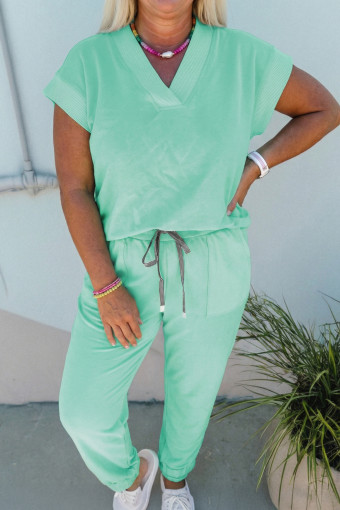 Plus Size Mint Green Solid V-Neck Tee and Drawstring  Pants Set