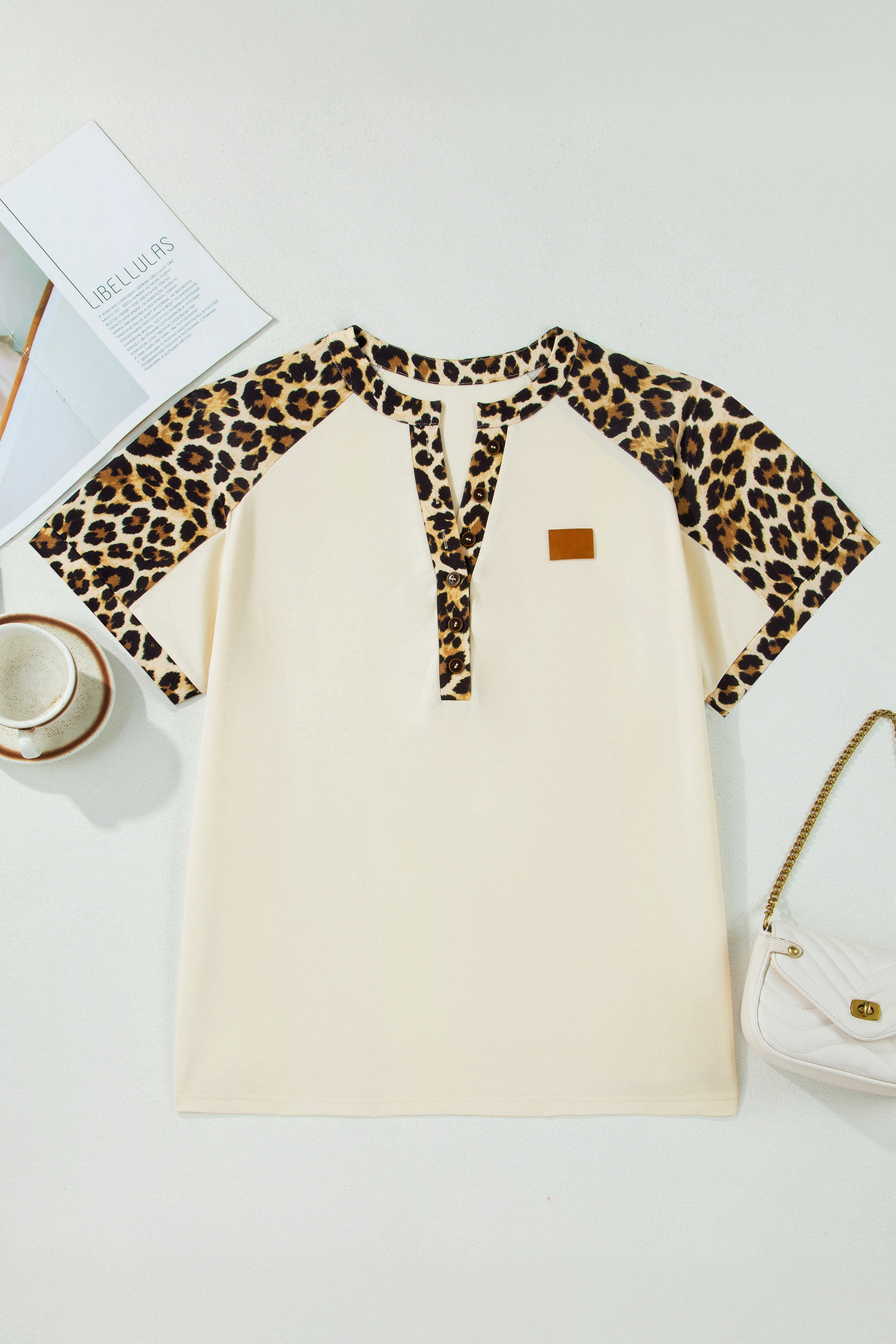 Plus Size Beige  Leopard Contrast Patchwork Polo Tee