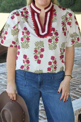 Plus Size White  Floral Print Ricrac Striped Trim Short Sleeve Cotton Blouse