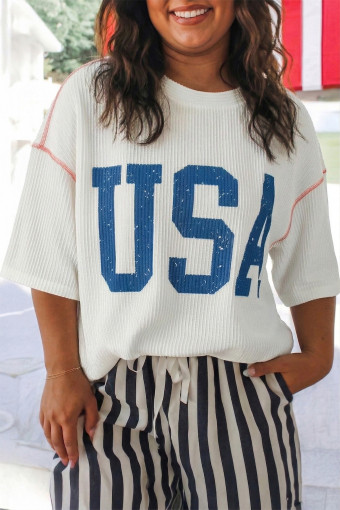 Plus Size White  Twisted Rib Vintage USA Letter Printed T Shirt