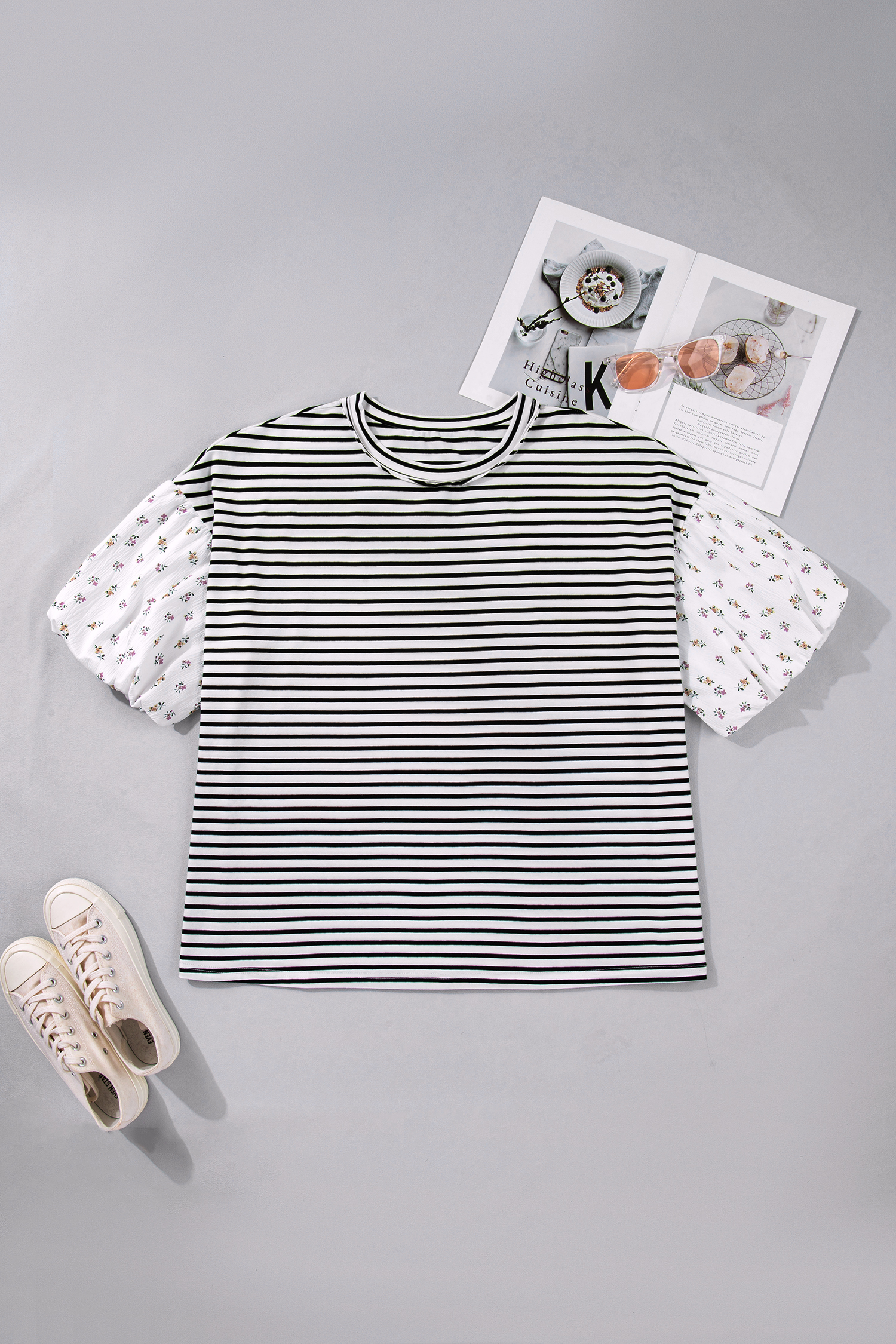 Plus Size Black Stripe  Striped Short Sleeve Top with Floral Puff Sleeves