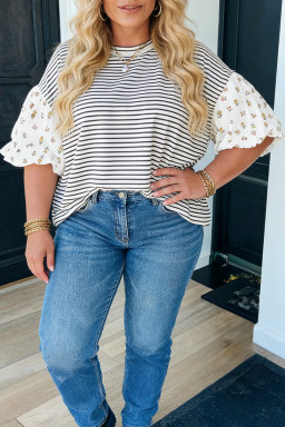 Plus Size Black Stripe  Striped Short Sleeve Top with Floral Puff Sleeves