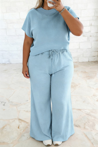 Mist Blue Solid Color Ribbed Trim Short Sleeve Top Drawstring Loose Pants 2pcs Outfit