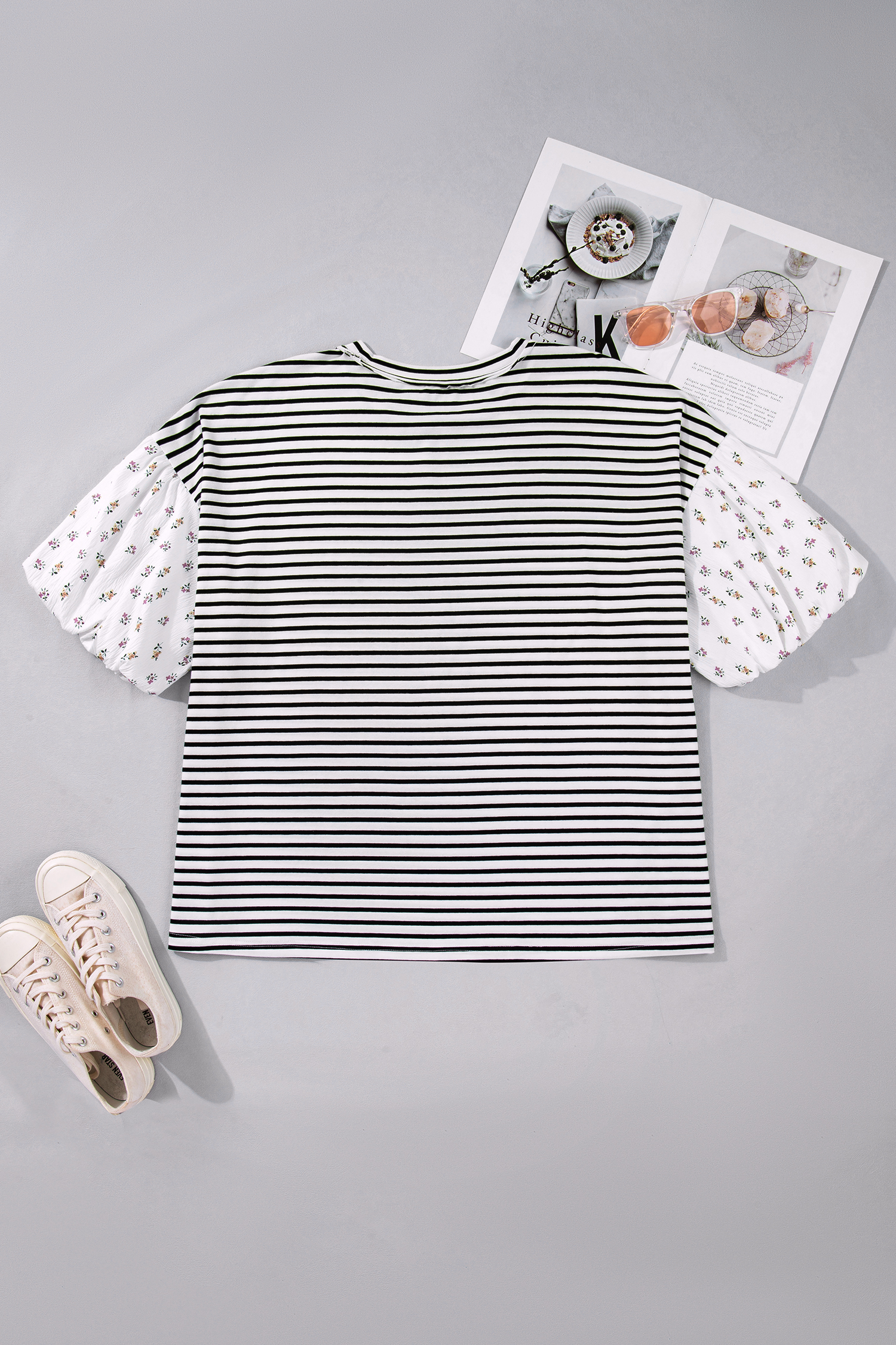 Plus Size Black Stripe  Striped Short Sleeve Top with Floral Puff Sleeves
