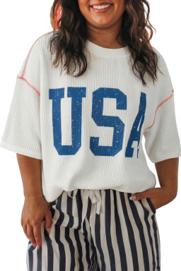 Plus Size White  Twisted Rib Vintage USA Letter Printed T Shirt