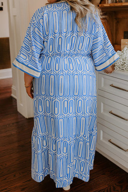 Plus Size Sky Blue  Geometric Print Contrast Trim V Neck Bracelet Sleeve Long Dress
