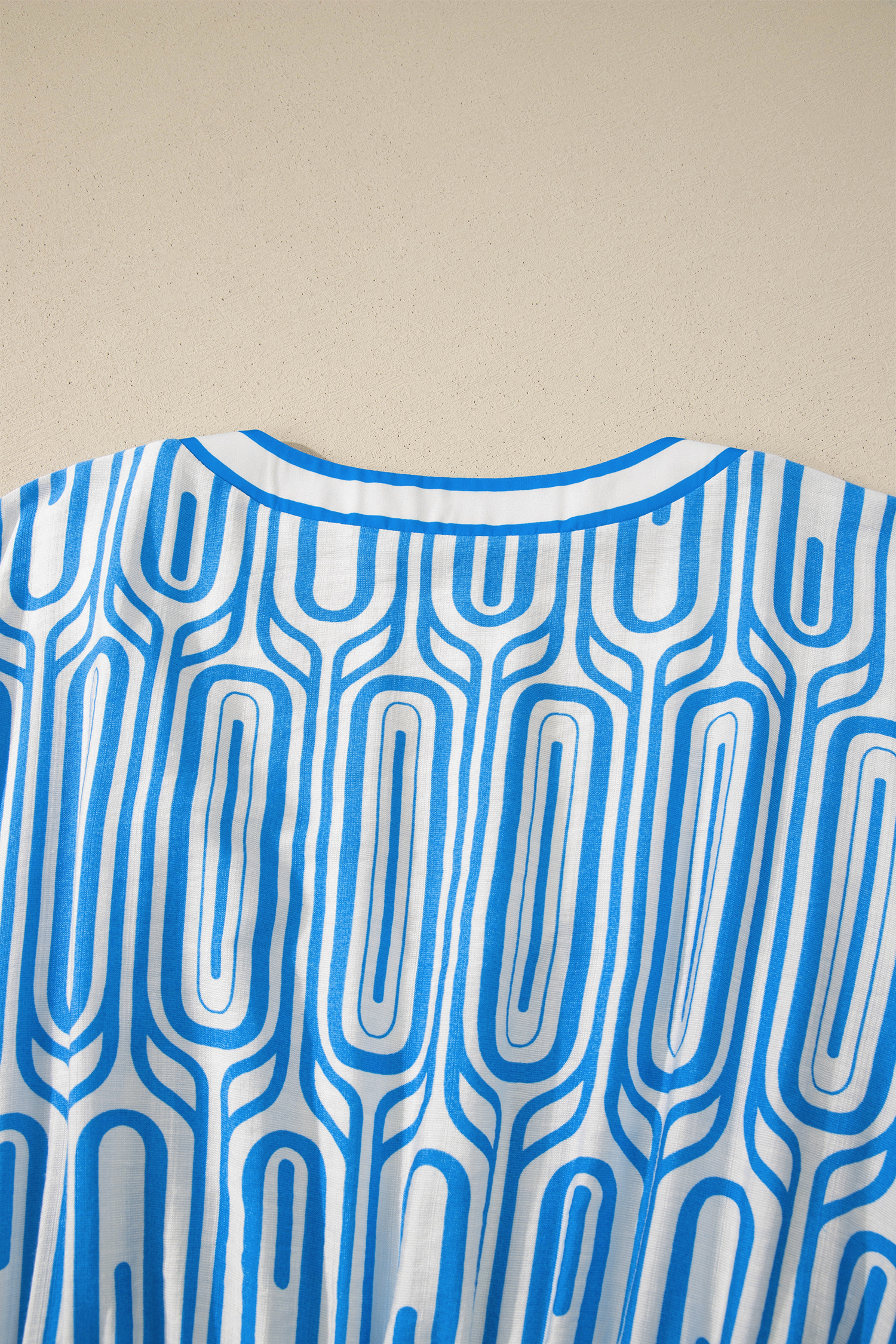 Plus Size Sky Blue  Geometric Print Contrast Trim V Neck Bracelet Sleeve Long Dress