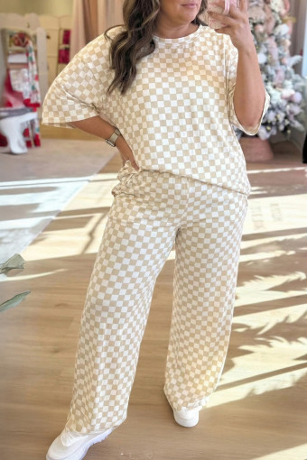 Plus Size Khaki  Checkered Print Half Sleeve Tee Loose Pants Two-piece Lounge Set