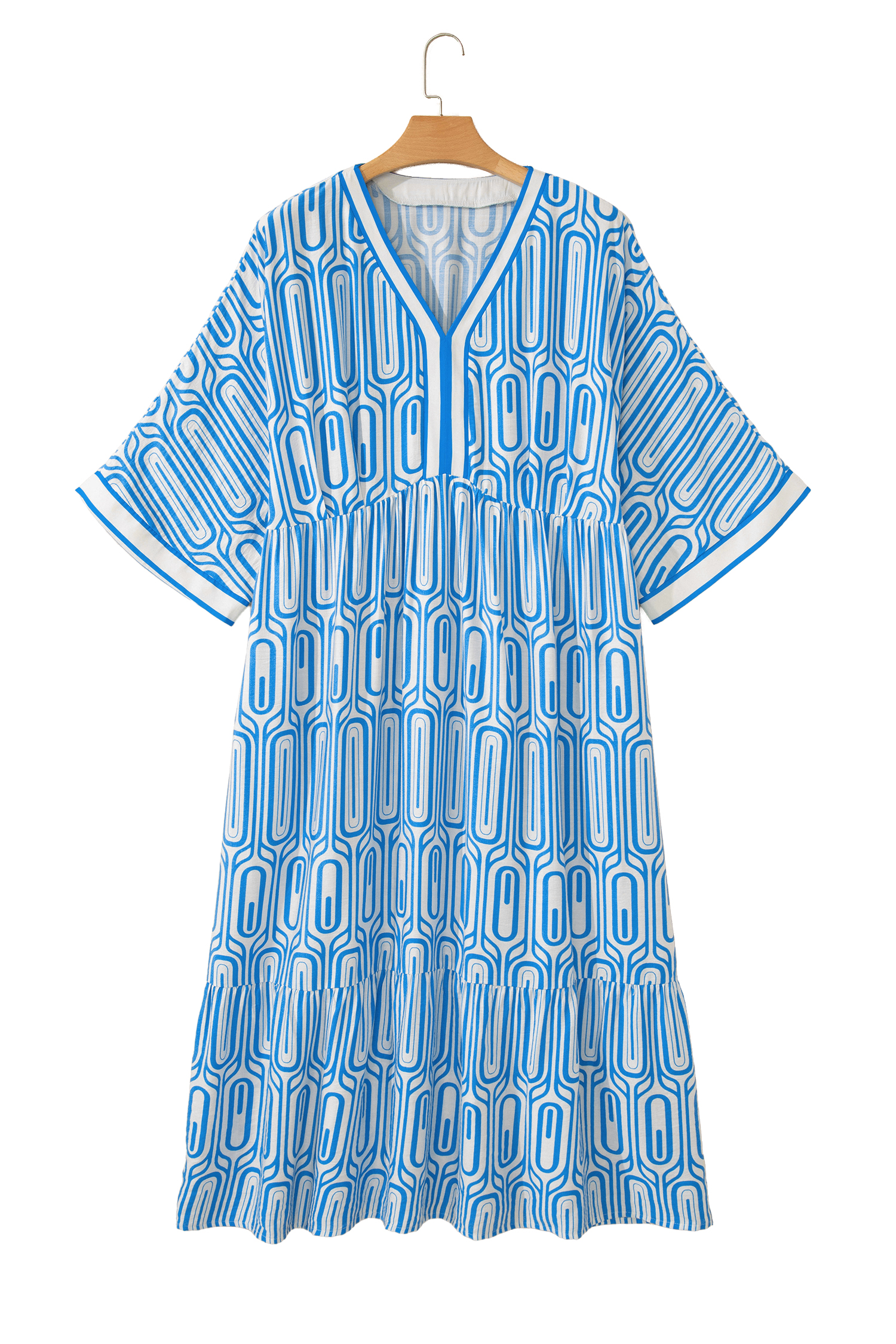 Plus Size Sky Blue  Geometric Print Contrast Trim V Neck Bracelet Sleeve Long Dress