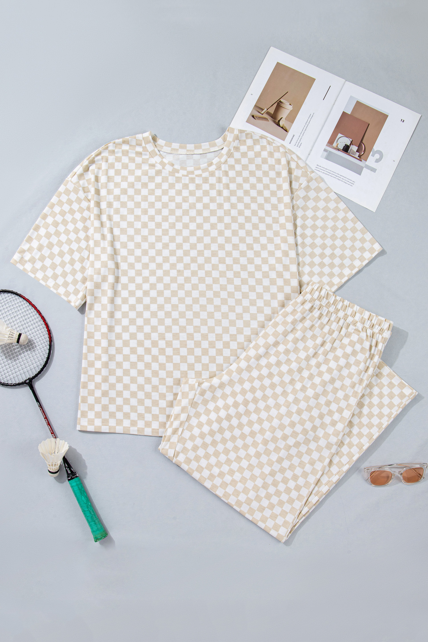 Plus Size Khaki  Checkered Print Half Sleeve Tee Loose Pants Two-piece Lounge Set