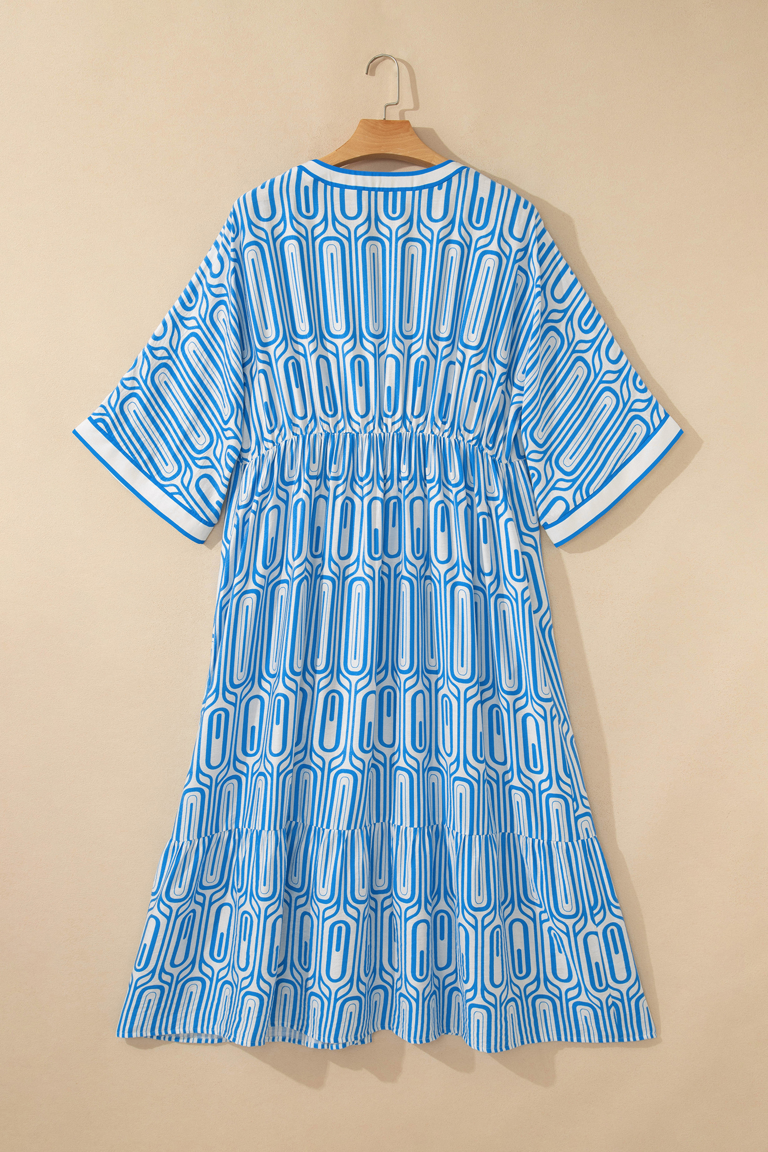 Plus Size Sky Blue  Geometric Print Contrast Trim V Neck Bracelet Sleeve Long Dress