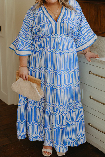 Plus Size Sky Blue  Geometric Print Contrast Trim V Neck Bracelet Sleeve Long Dress
