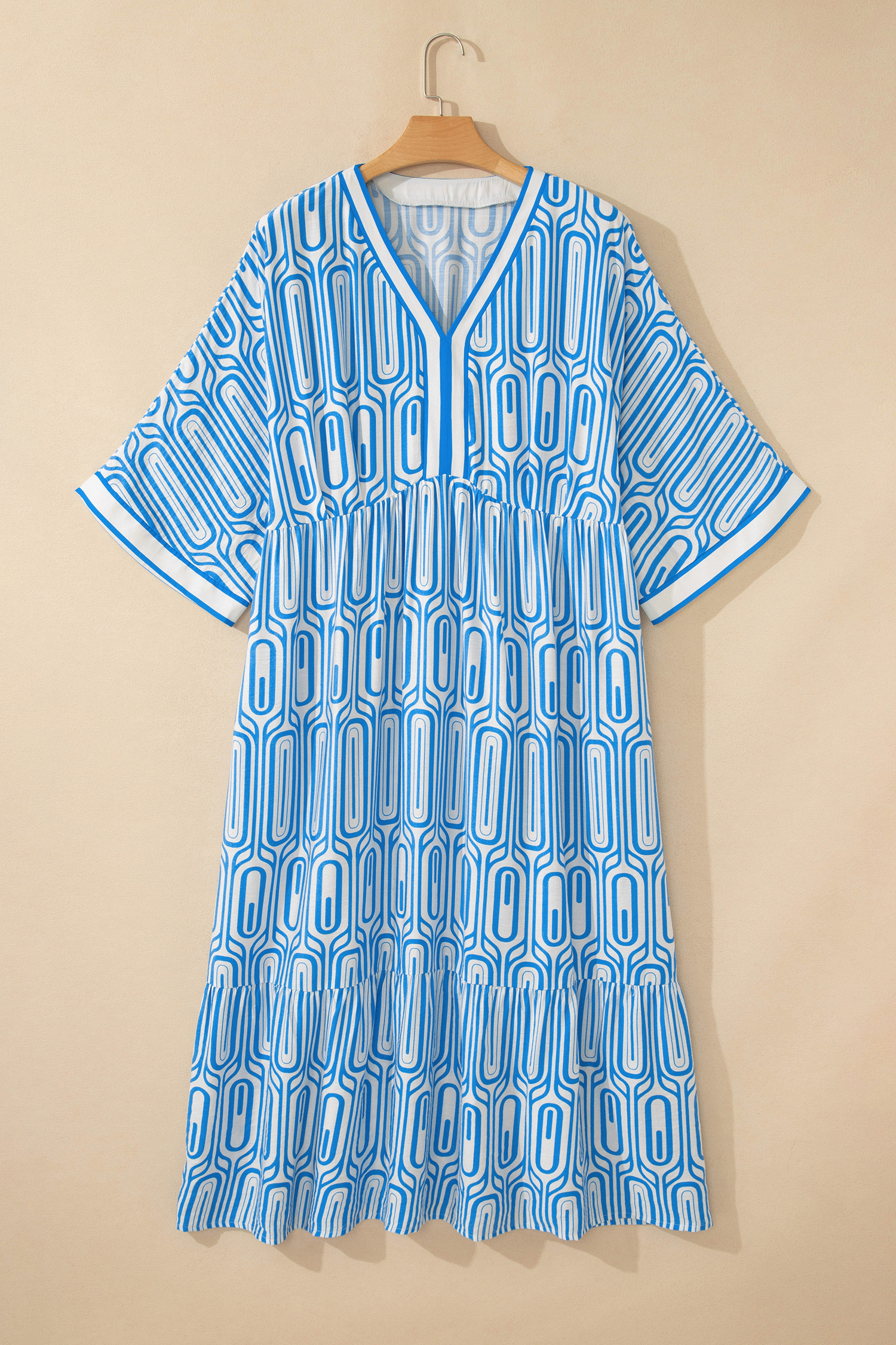 Plus Size Sky Blue  Geometric Print Contrast Trim V Neck Bracelet Sleeve Long Dress