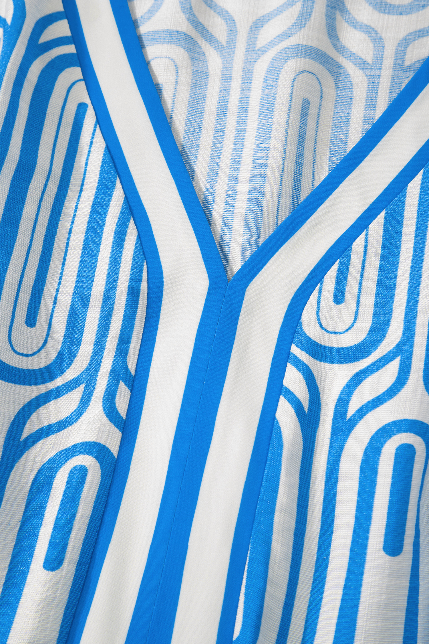 Plus Size Sky Blue  Geometric Print Contrast Trim V Neck Bracelet Sleeve Long Dress