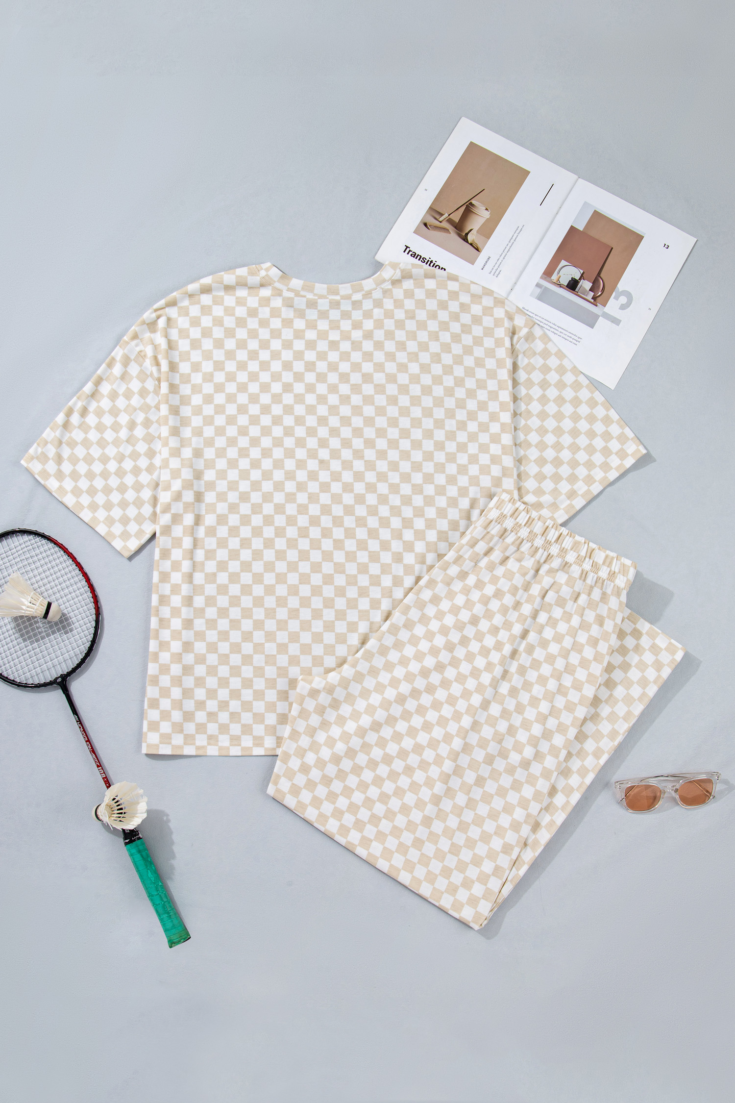 Plus Size Khaki  Checkered Print Half Sleeve Tee Loose Pants Two-piece Lounge Set