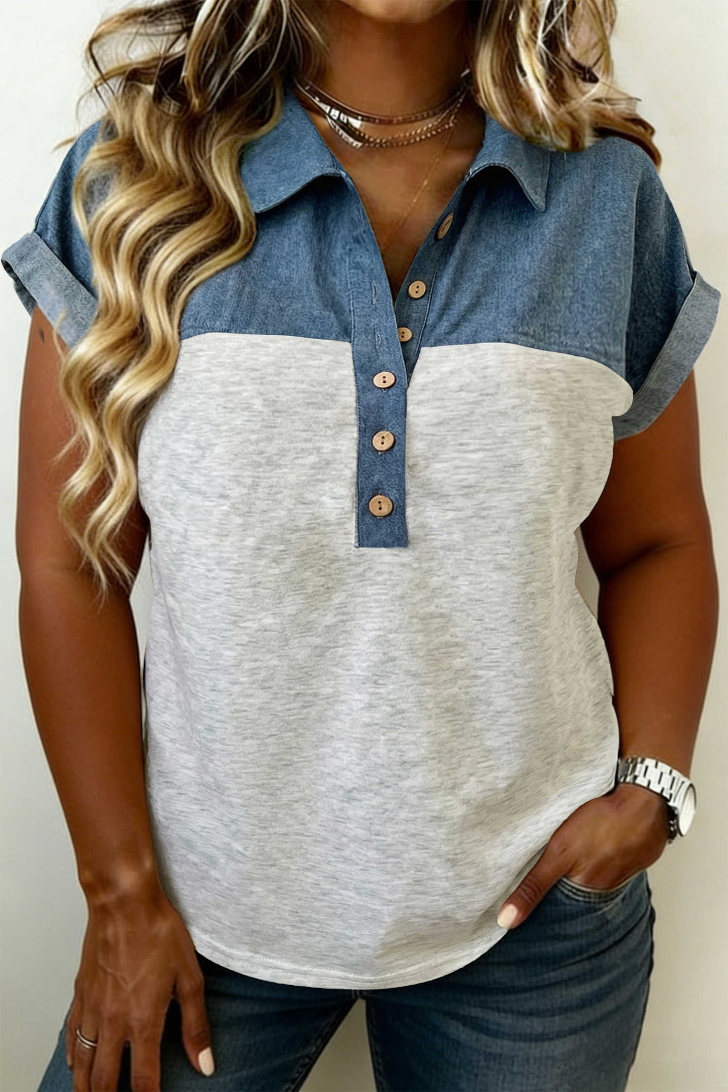 Light Grey Half Buttons Collared Denim Patchwork Plus Short Sleeve Top