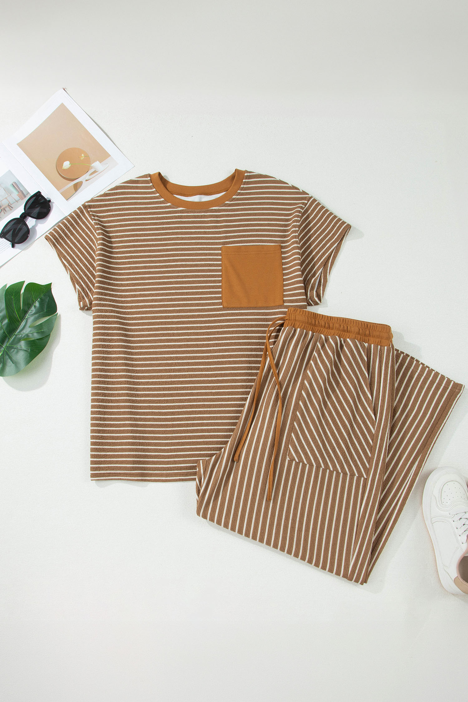 Plus Size Khaki Stripe  Striped Colorblock Pocket Lounge Set