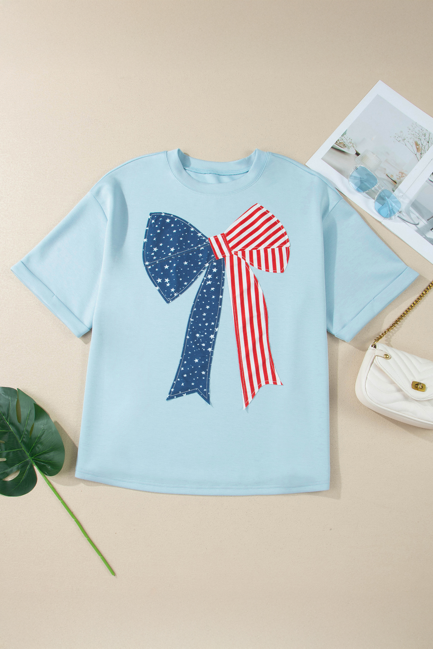 Plus Size Beau Blue  Patriotic Bow Patchwork Graphic T-Shirt