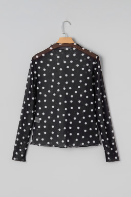Plus Size Black  Mock Neck Polka Dot Long Sleeve Mesh Top
