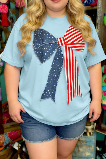 Plus Size Beau Blue  Patriotic Bow Patchwork Graphic T-Shirt