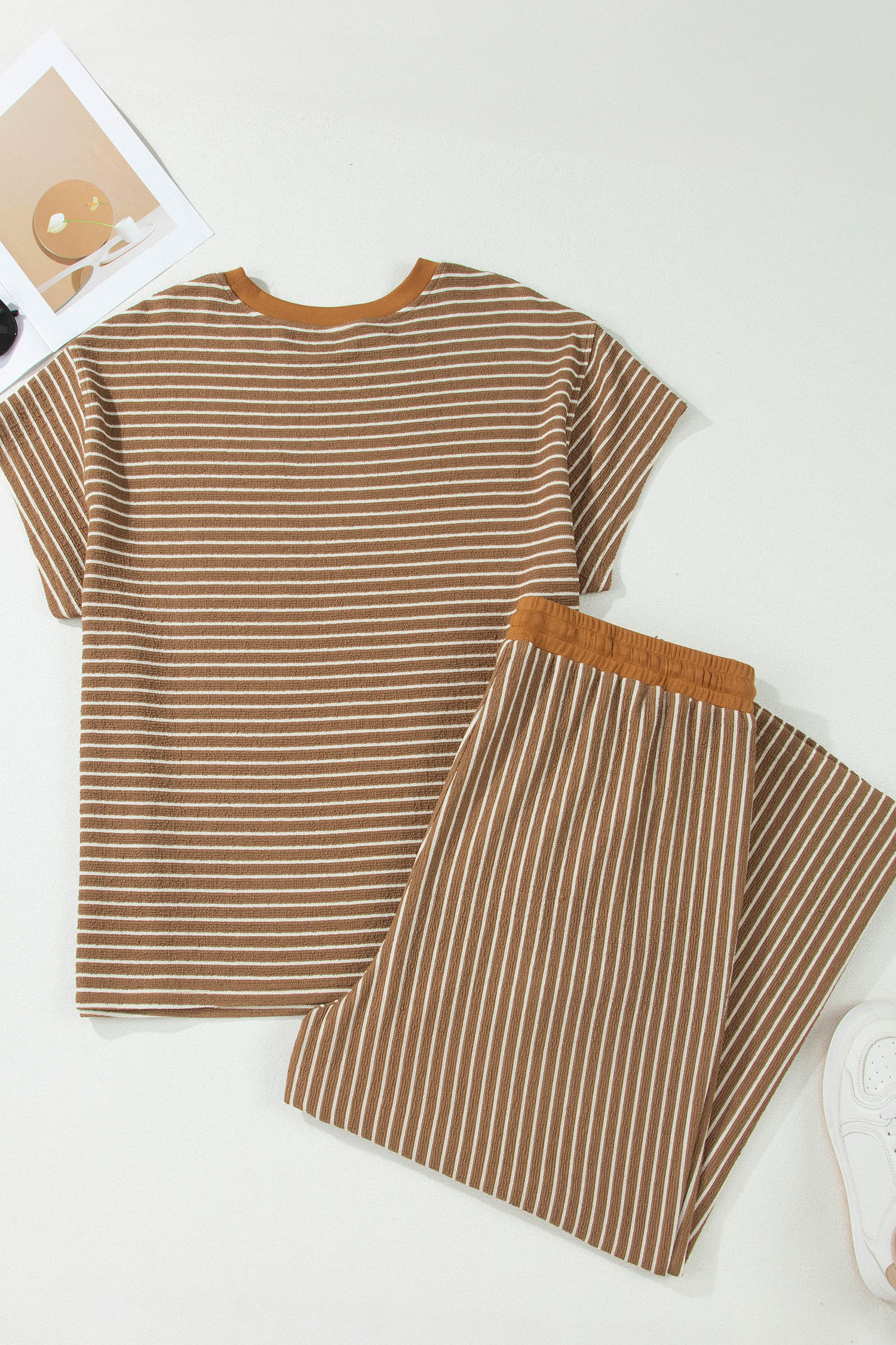 Plus Size Khaki Stripe  Striped Colorblock Pocket Lounge Set