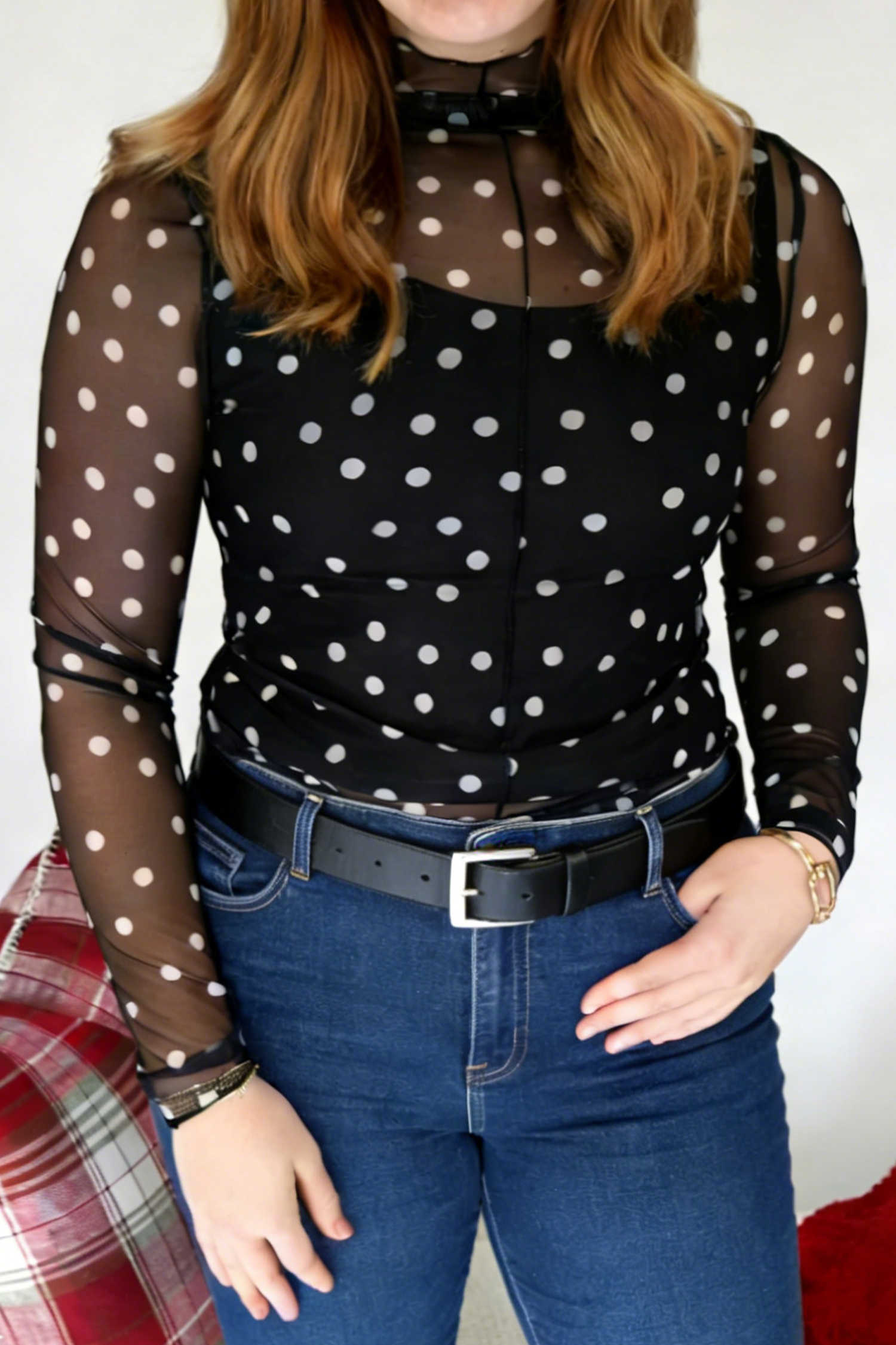 Plus Size Black  Mock Neck Polka Dot Long Sleeve Mesh Top