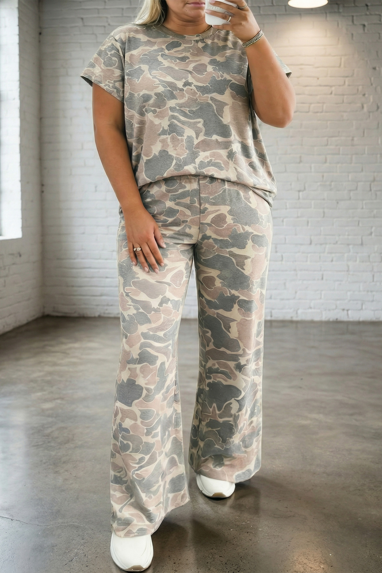 Plus Size Multicolour Retro Camouflage Print  2pcs Outfit