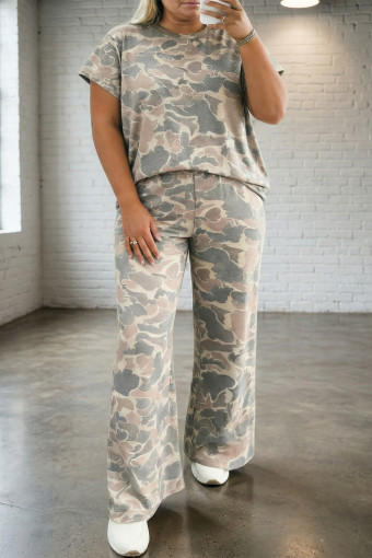 Plus Size Multicolour Retro Camouflage Print  2pcs Outfit