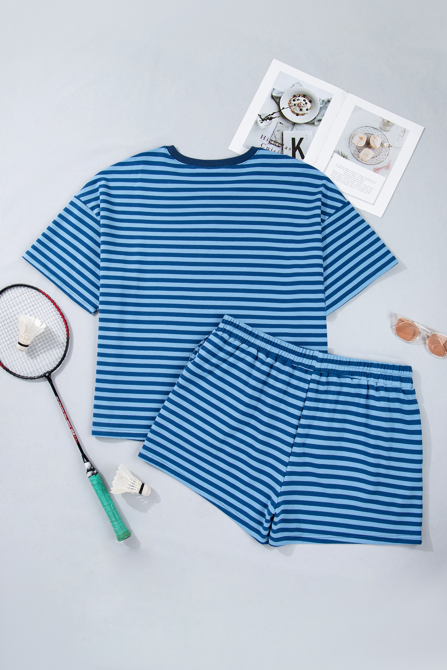 Plus Size Blue Stripe  Dropped Shoulder Tee and Shorts Two-Piece Set