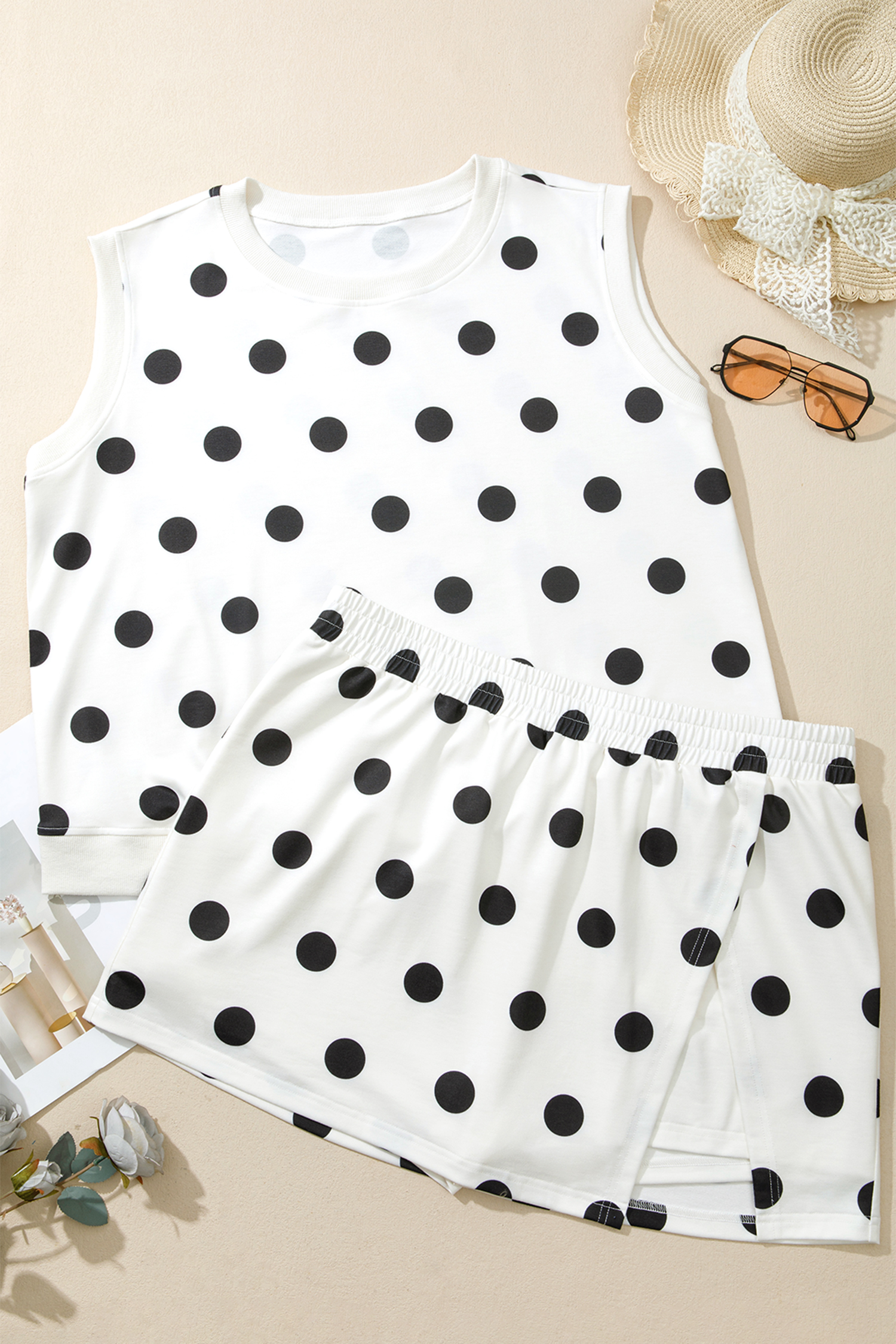 Plus Size White  Polka Dot Printed Tank Split Skort 2pcs Outfit