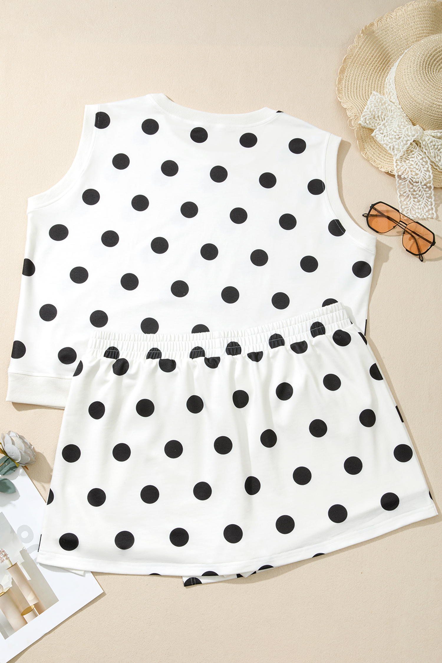 Plus Size White  Polka Dot Printed Tank Split Skort 2pcs Outfit