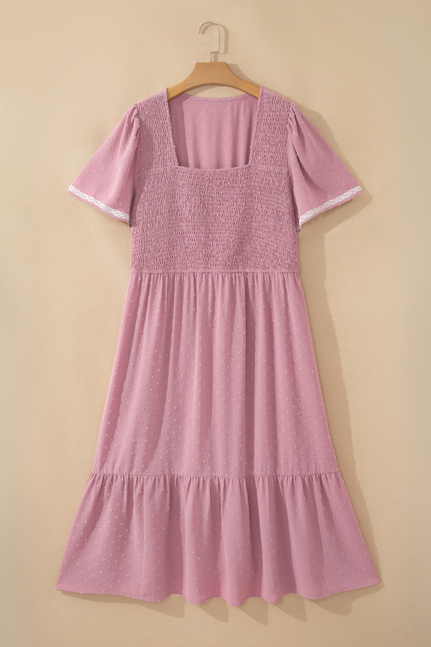 Plus Size Pink  Swiss Dot Short Sleeve Smocked High Waist Flowy Midi Dress