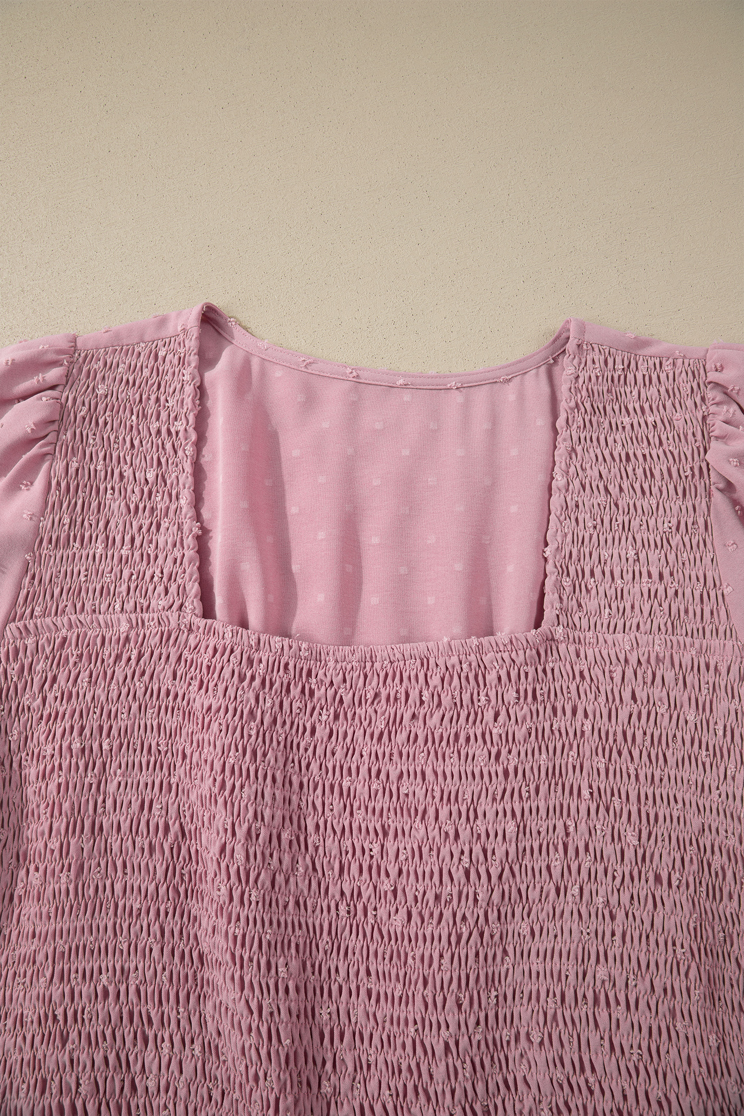 Plus Size Pink  Swiss Dot Short Sleeve Smocked High Waist Flowy Midi Dress