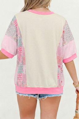 Plus Size Beige  Floral Patchwork Short Sleeve Patch Embroidery Cotton T Shirt