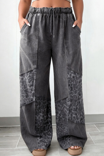Plus Size Dark Grey  Leopard Patchwork Mineral Wash Wide Leg Pants