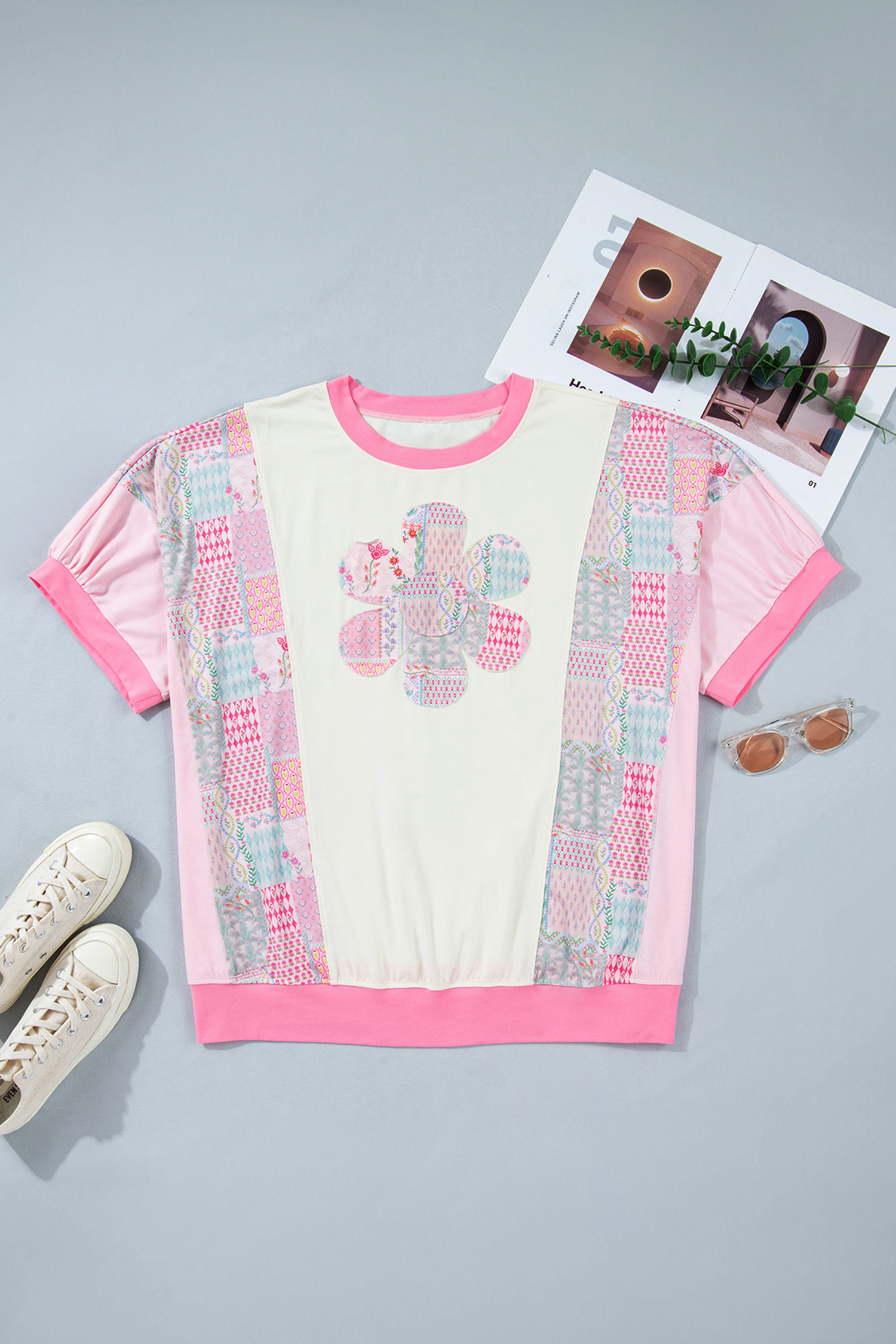 Plus Size Beige  Floral Patchwork Short Sleeve Patch Embroidery Cotton T Shirt
