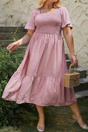 Plus Size Pink  Swiss Dot Short Sleeve Smocked High Waist Flowy Midi Dress