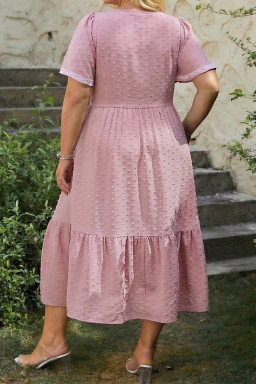 Plus Size Pink  Swiss Dot Short Sleeve Smocked High Waist Flowy Midi Dress