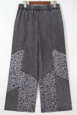 Plus Size Dark Grey  Leopard Patchwork Mineral Wash Wide Leg Pants