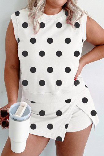 Plus Size White  Polka Dot Printed Tank Split Skort 2pcs Outfit