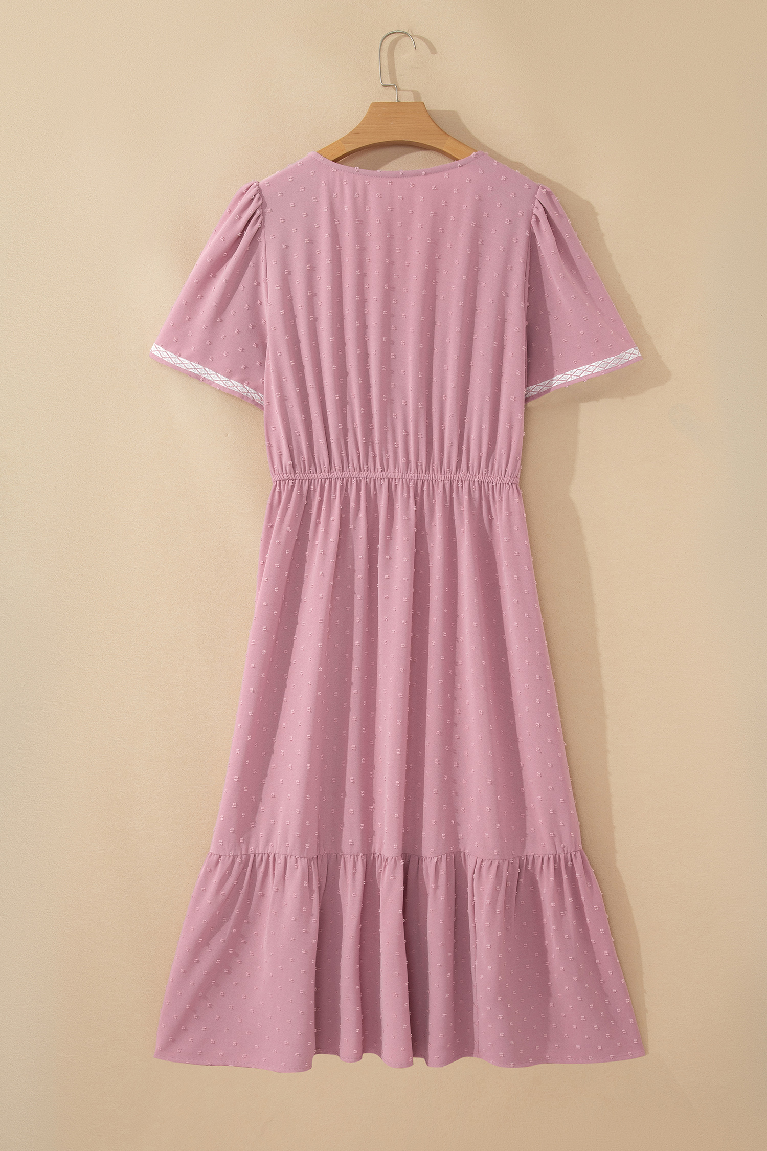 Plus Size Pink  Swiss Dot Short Sleeve Smocked High Waist Flowy Midi Dress
