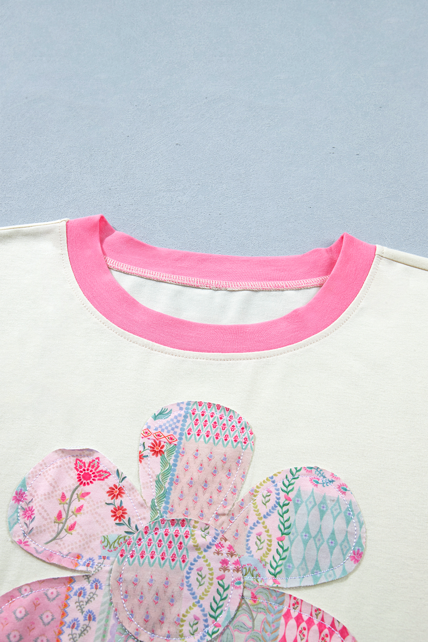 Plus Size Beige  Floral Patchwork Short Sleeve Patch Embroidery Cotton T Shirt