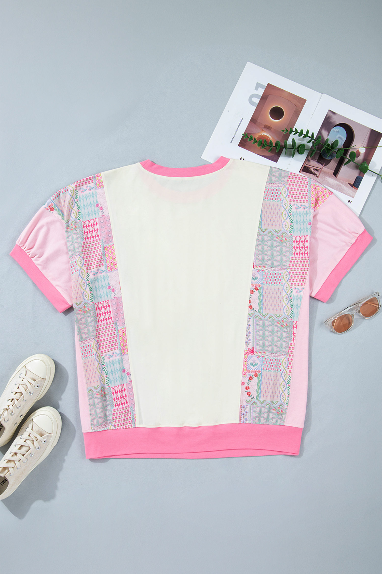 Plus Size Beige  Floral Patchwork Short Sleeve Patch Embroidery Cotton T Shirt