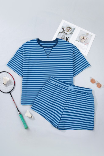 Plus Size Blue Stripe  Dropped Shoulder Tee and Shorts Two-Piece Set