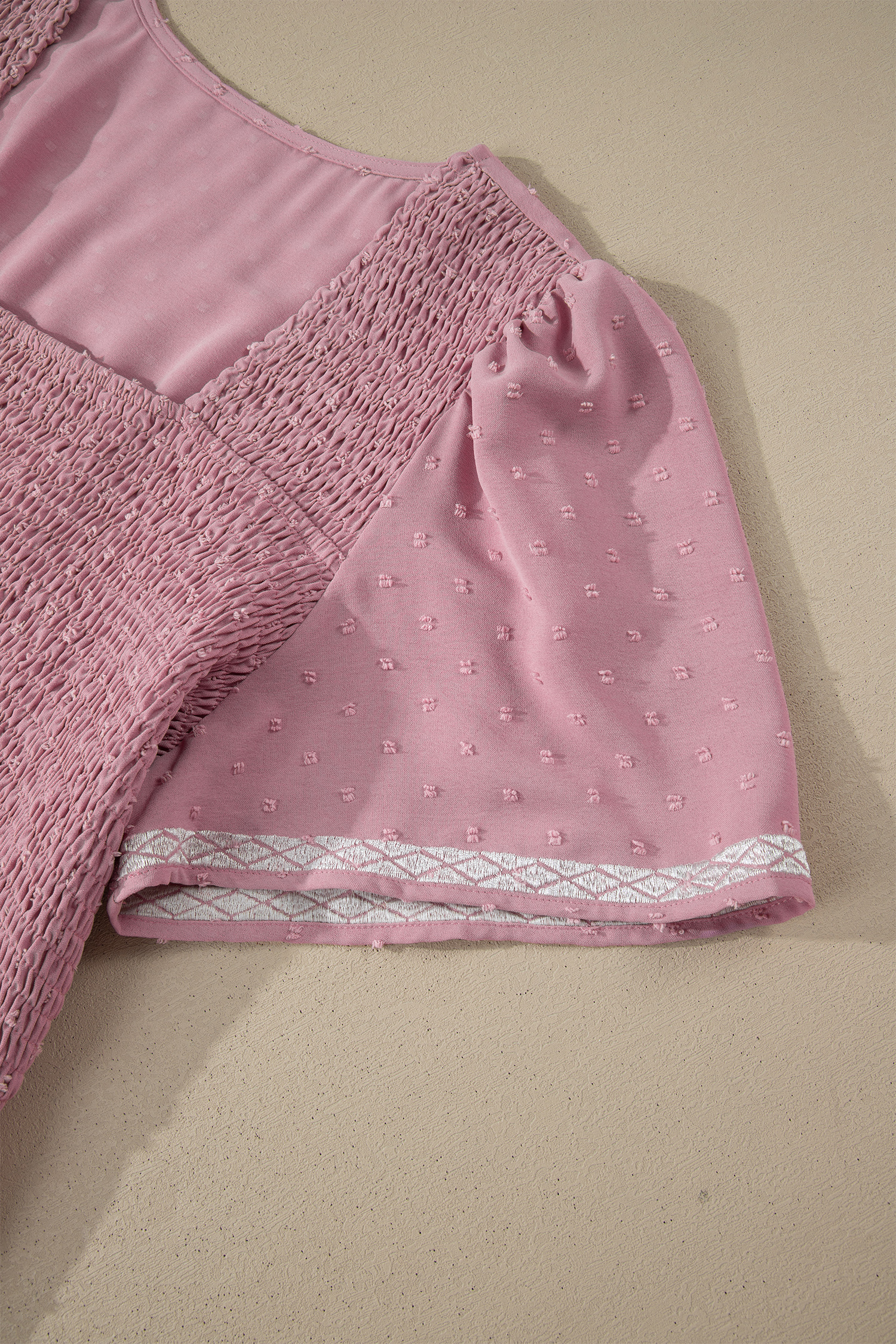 Plus Size Pink  Swiss Dot Short Sleeve Smocked High Waist Flowy Midi Dress