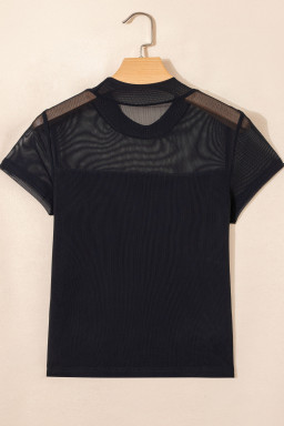 Plus Size Black  Sheer Mesh Panel Short Sleeve Top