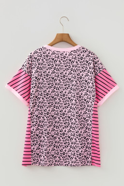 Plus Size Pink Leopard Striped Contrast Patchwork  Tee