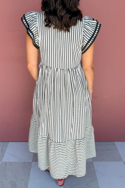 Plus Size Black Stripe  Slit V Neck Tiered Flutter Sleeve Maxi Dress