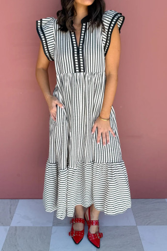 Plus Size Black Stripe  Slit V Neck Tiered Flutter Sleeve Maxi Dress